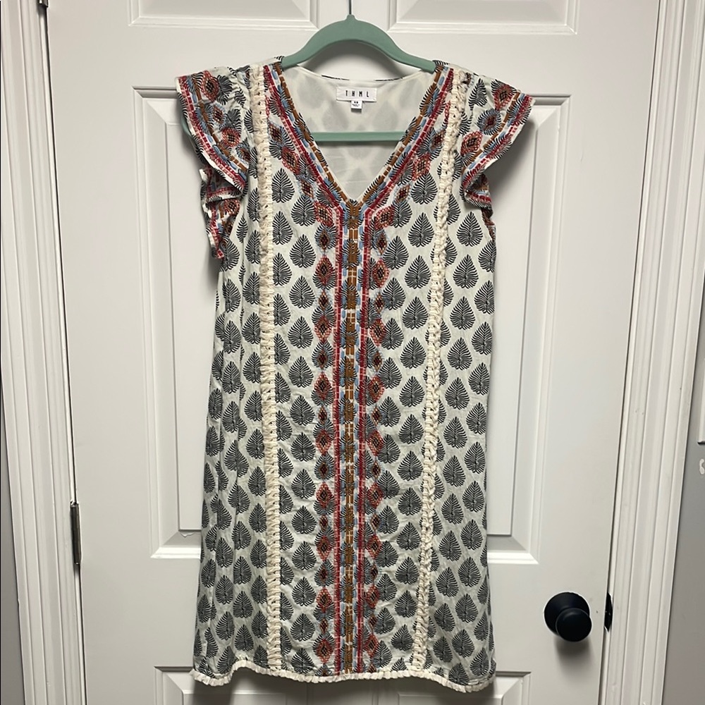 Embroidered V-Neck Dress with Ruffle Sleeves